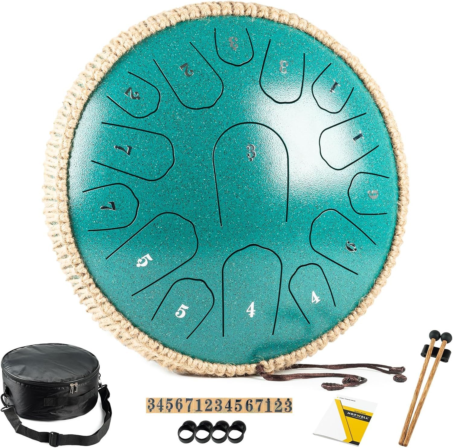 Shows the core product, a turquoise steel tongue drum with numbered tongues, along with all included accessories like mallets, carrying case, finger picks, and instructional materials to communicate…
