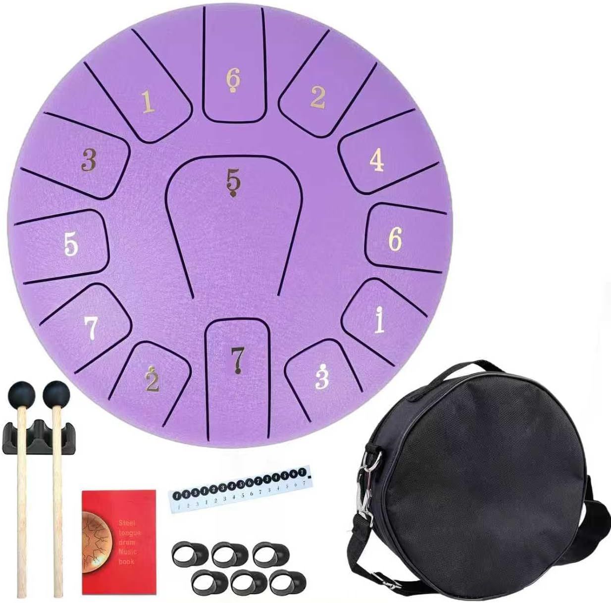 Shows the core product, a purple steel tongue drum with numbered tongues, along with all included accessories to communicate the complete set the buyer will receive. Displays all included…