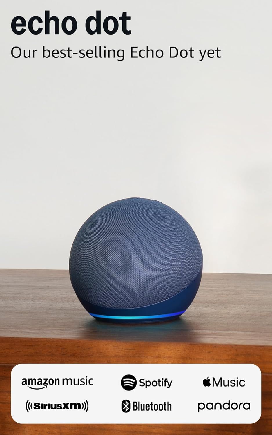 Shows the Echo Dot in a real-world home environment to help shoppers visualize how the product will look in their own space. Communicates compatibility with major music streaming services and…