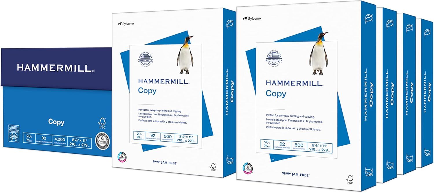 Shows the core product—Hammermill Copy paper—in its retail packaging, clearly displaying the brand, product name, and key specifications to help shoppers…