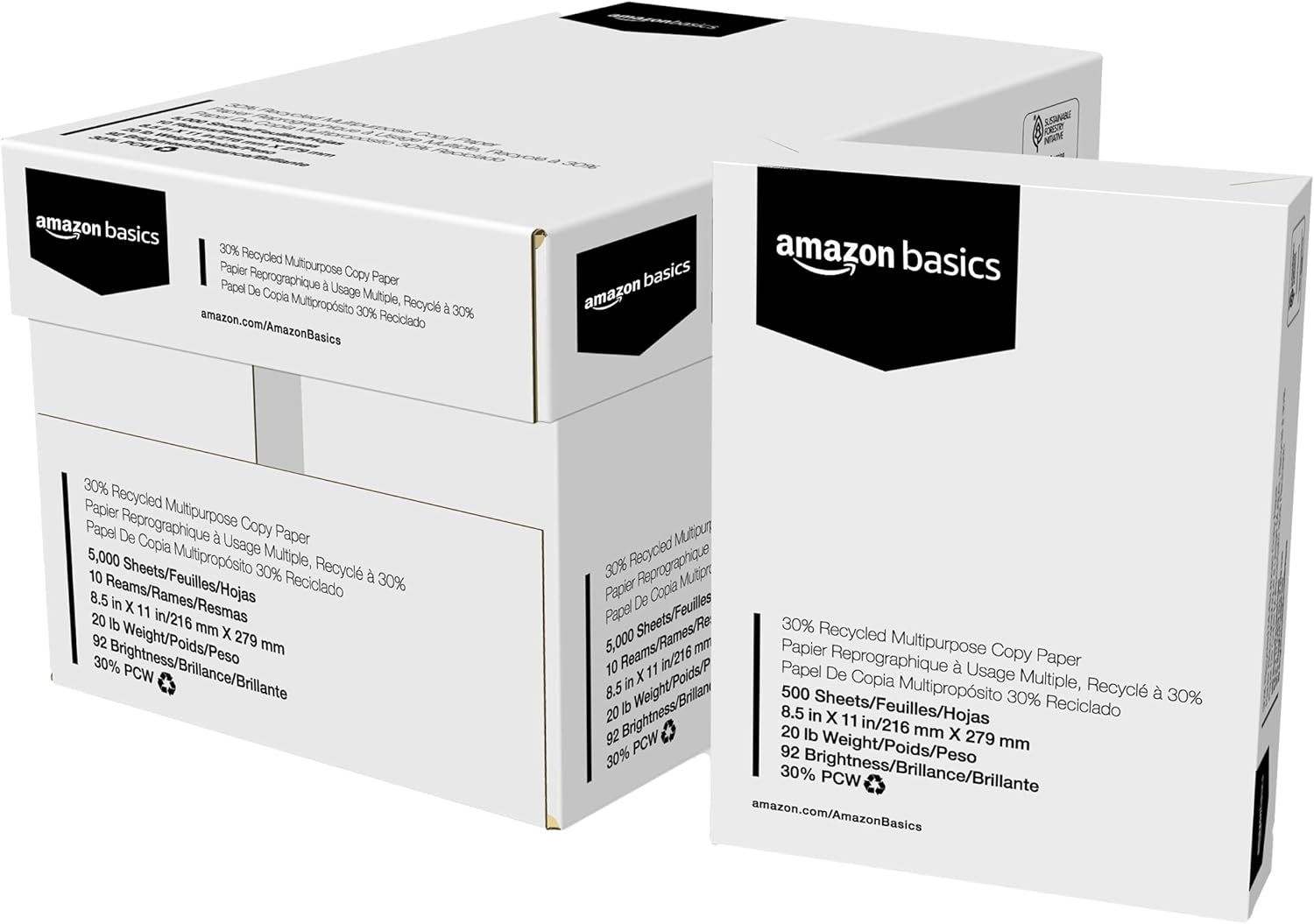 Shows the core sellable product, Amazon Basics multipurpose copy paper in retail packaging, clearly displaying the product specifications and branding to help…