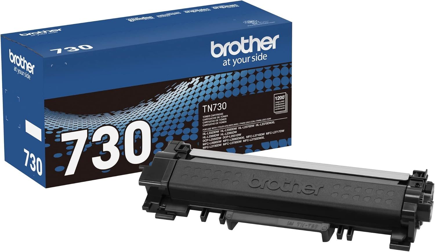 Shows the Brother TN730 toner cartridge alongside its retail box to communicate what the buyer will receive and help them identify the correct product model.…