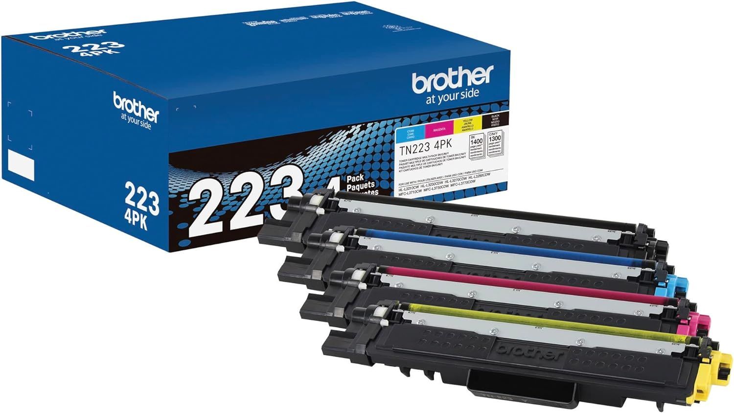 Shows the complete Brother TN223 4-pack toner cartridge set with all four color cartridges (cyan, magenta, yellow, black) displayed alongside the retail…