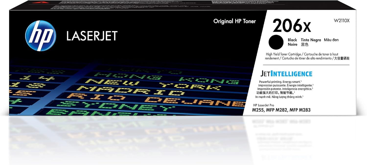 Shows the official HP toner cartridge in its retail packaging to communicate authenticity, compatibility, and product specifications to reassure buyers they…