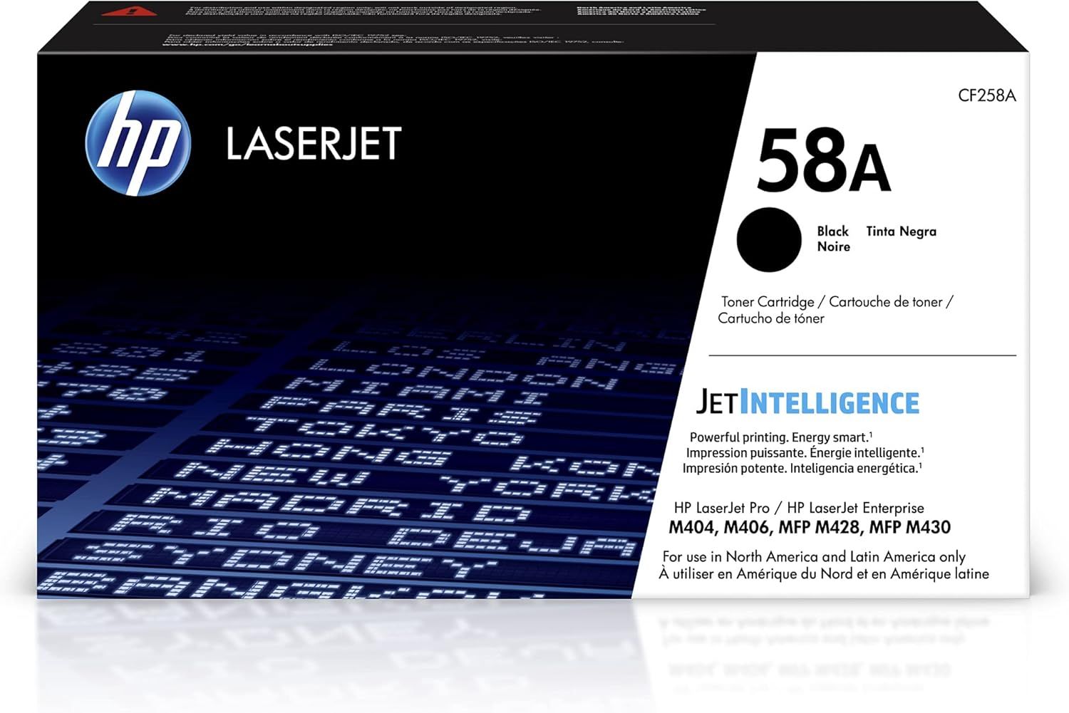 Displays the core sellable product, an HP 58A black toner cartridge in its retail packaging, clearly showing the brand, model number, and compatibility…