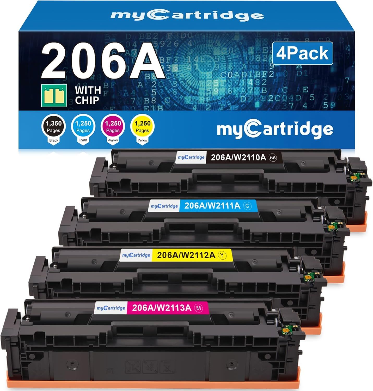 Shows the complete 4-pack toner cartridge set with retail packaging to communicate the multi-color bundle and page capacity, helping shoppers understand they…