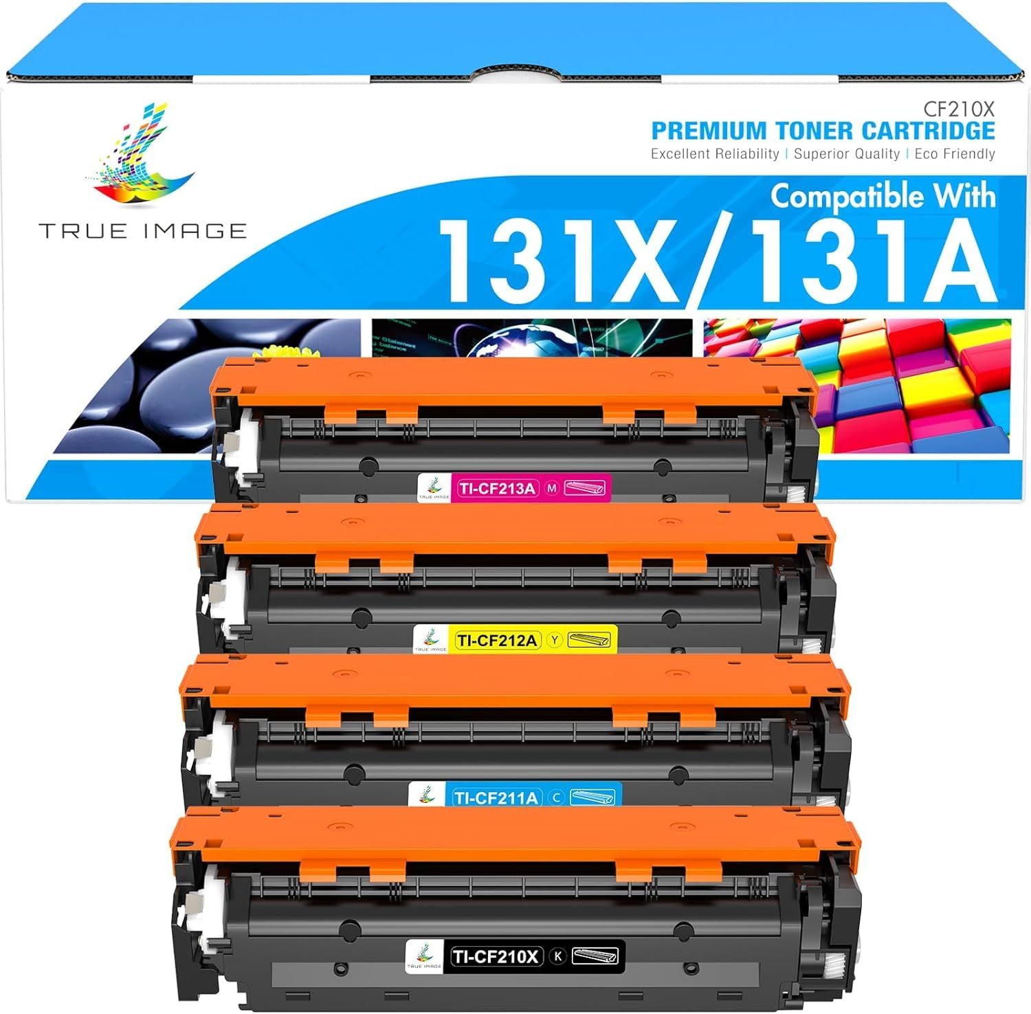 Displays the complete set of four color toner cartridges (magenta, yellow, cyan, black) to show shoppers exactly what they will receive and the color options…