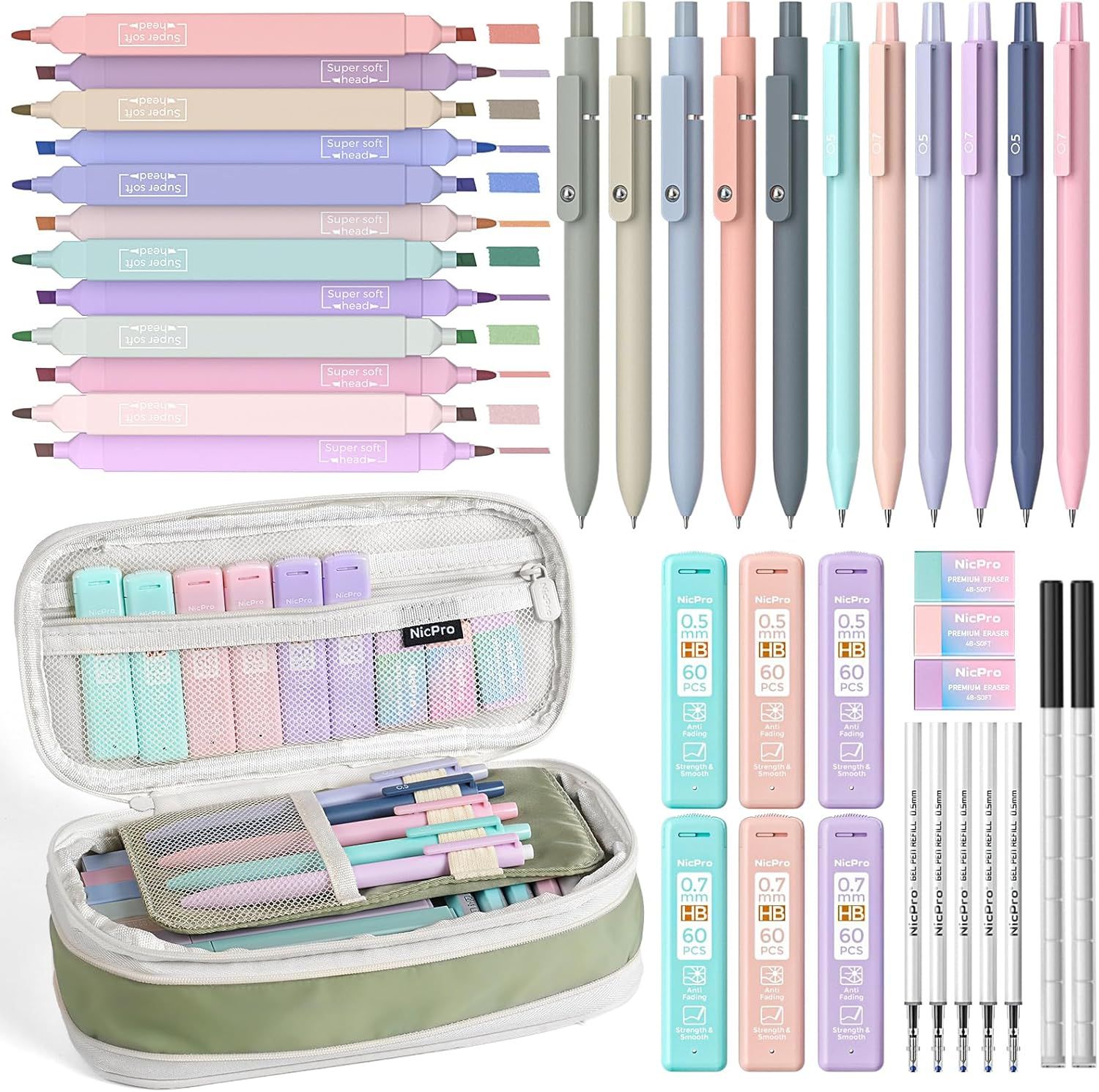 Displays the complete pen product line with all included items (pens, refills, storage case) to show shoppers the full value and variety of the set they will receive. Showcases the wide range of…