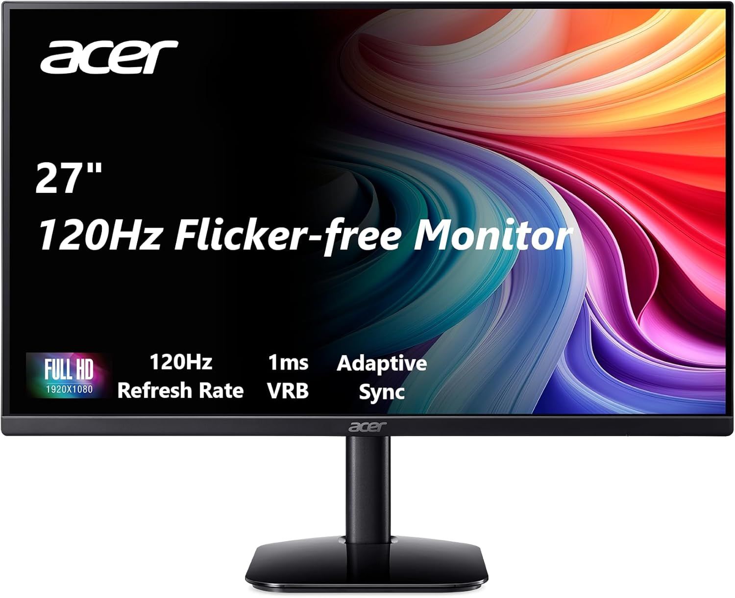 Displays the Acer monitor as the core product with key technical specifications prominently shown on screen to communicate its gaming and performance capabilities to shoppers. Uses graphic text…