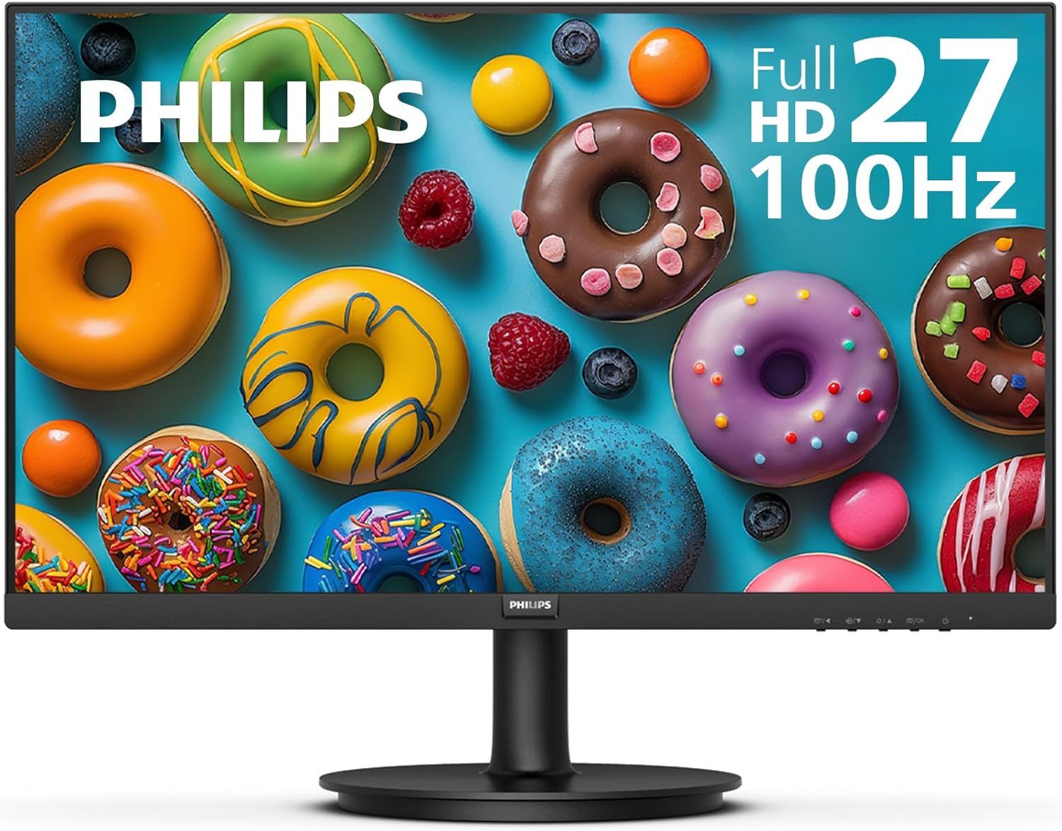 Shows the Philips monitor as the core product with its key specifications prominently displayed on screen to communicate size and performance capabilities to shoppers. Uses a subtle drop shadow…