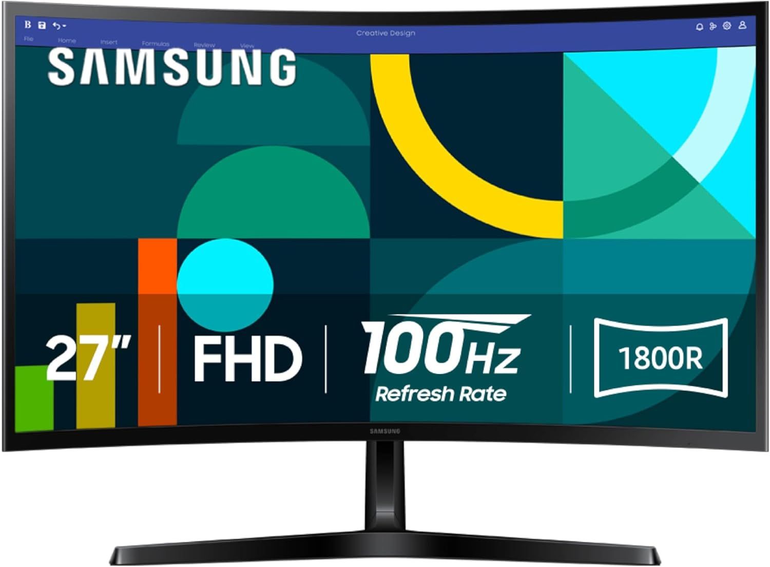 Shows the Samsung monitor as the core product with key technical specifications displayed on-screen to communicate its size, resolution, refresh rate, and curved design to help shoppers quickly…