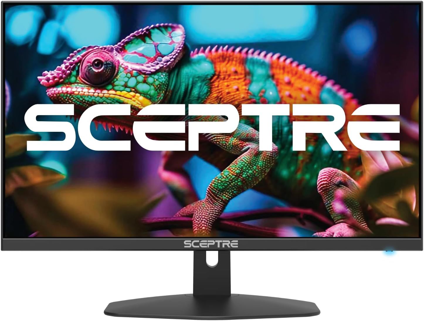 Shows the core product, a Sceptre monitor, displaying vibrant colors and sharp image quality to communicate its visual performance capabilities. The large Sceptre brand logo overlaid on the screen…