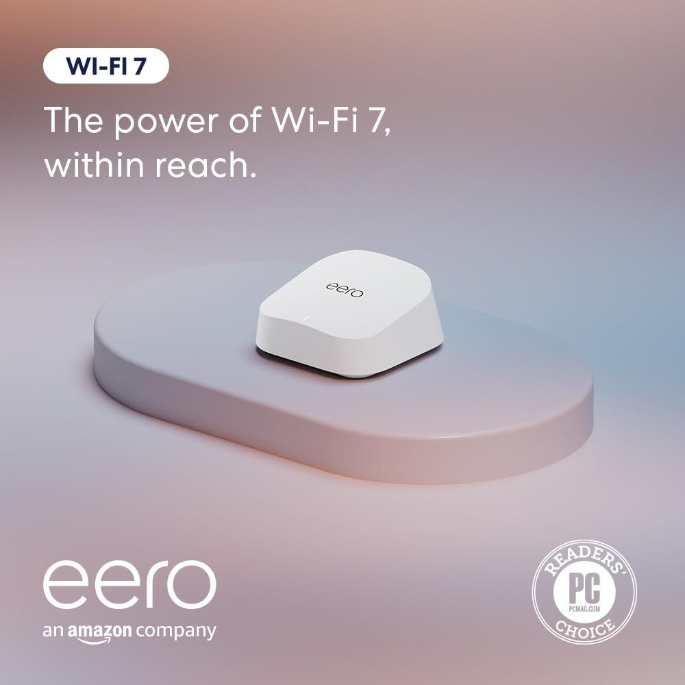 Showcases the eero Wi-Fi 7 router and communicates its advanced connectivity technology and extended range capability to reassure shoppers of superior wireless performance. Includes non-shipping…