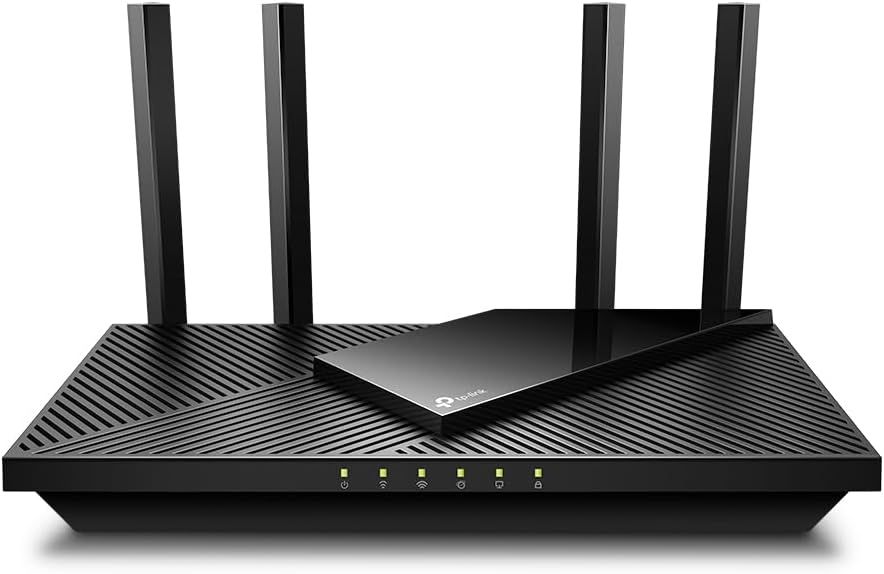 Displays the core product clearly on a clean white background to show the router's design, antenna configuration, and front panel indicators. Uses a subtle drop shadow and reflection beneath the…