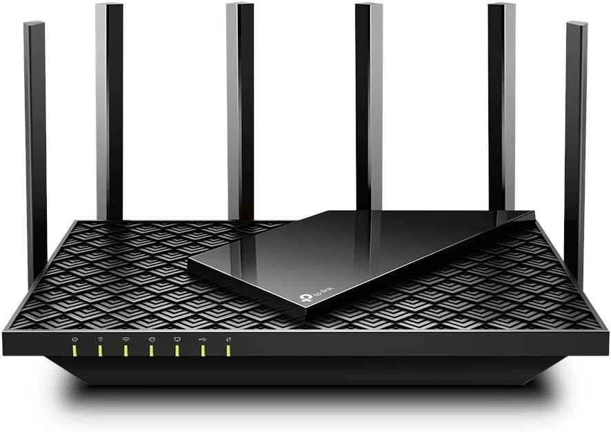 Displays the core product clearly on a white background to show the router's design, six external antennas for enhanced coverage, and front LED status…