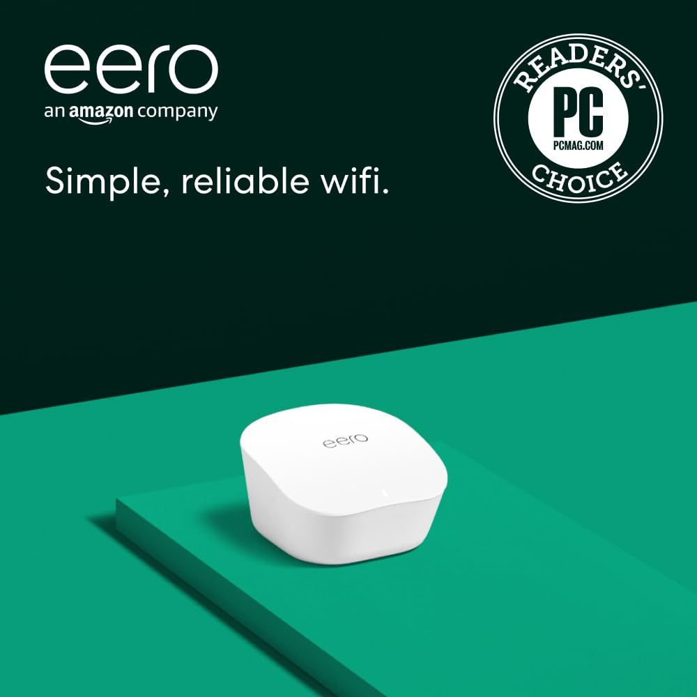 Showcases the eero wifi router as a clean, modern product while emphasizing its simplicity and reliability, reinforced by the PC Magazine Readers Choice award badge to build trust and credibility.…