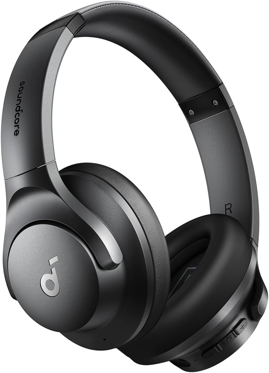 Displays the Soundcore headphones in a clean, professional catalog style to showcase the product's sleek design, premium materials, and brand identity.