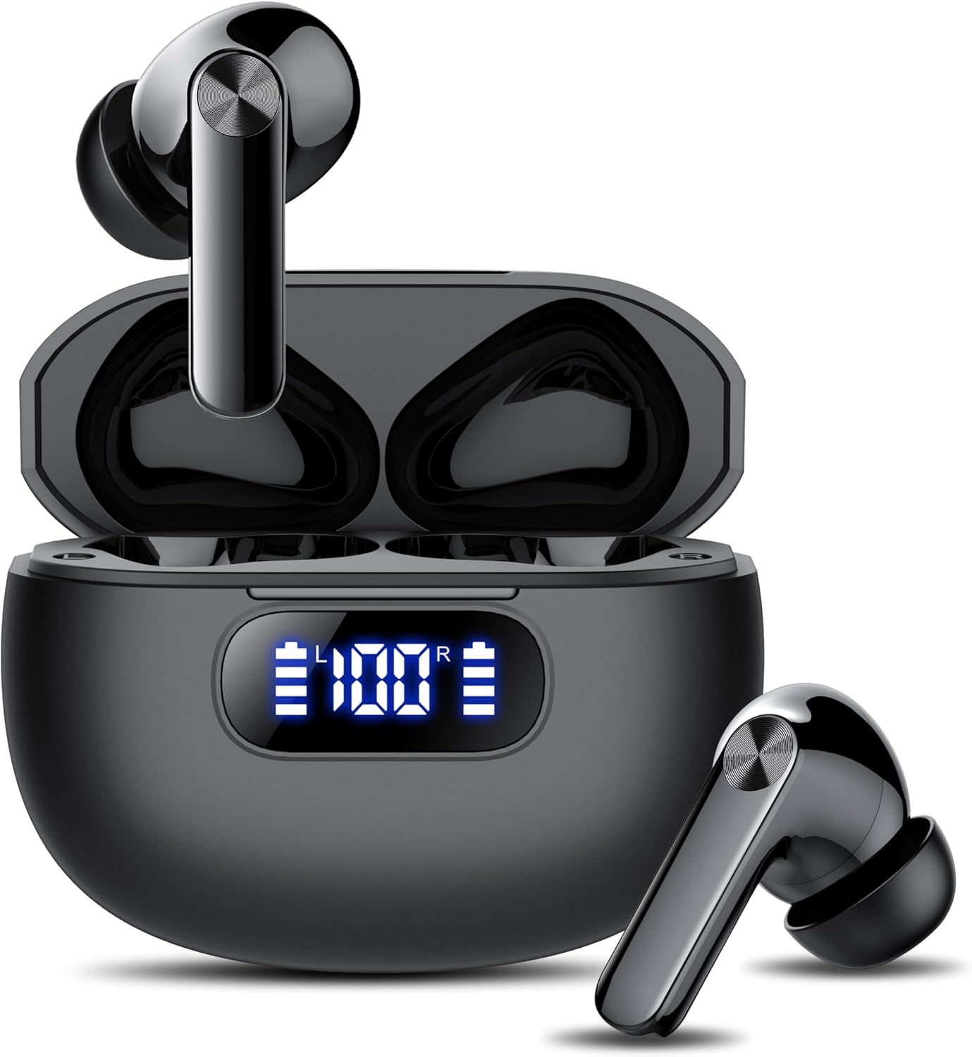 Shows the core product—wireless earbuds and their charging case—with a clear view of the premium design and digital battery indicator to communicate quality and convenience. Demonstrates the…