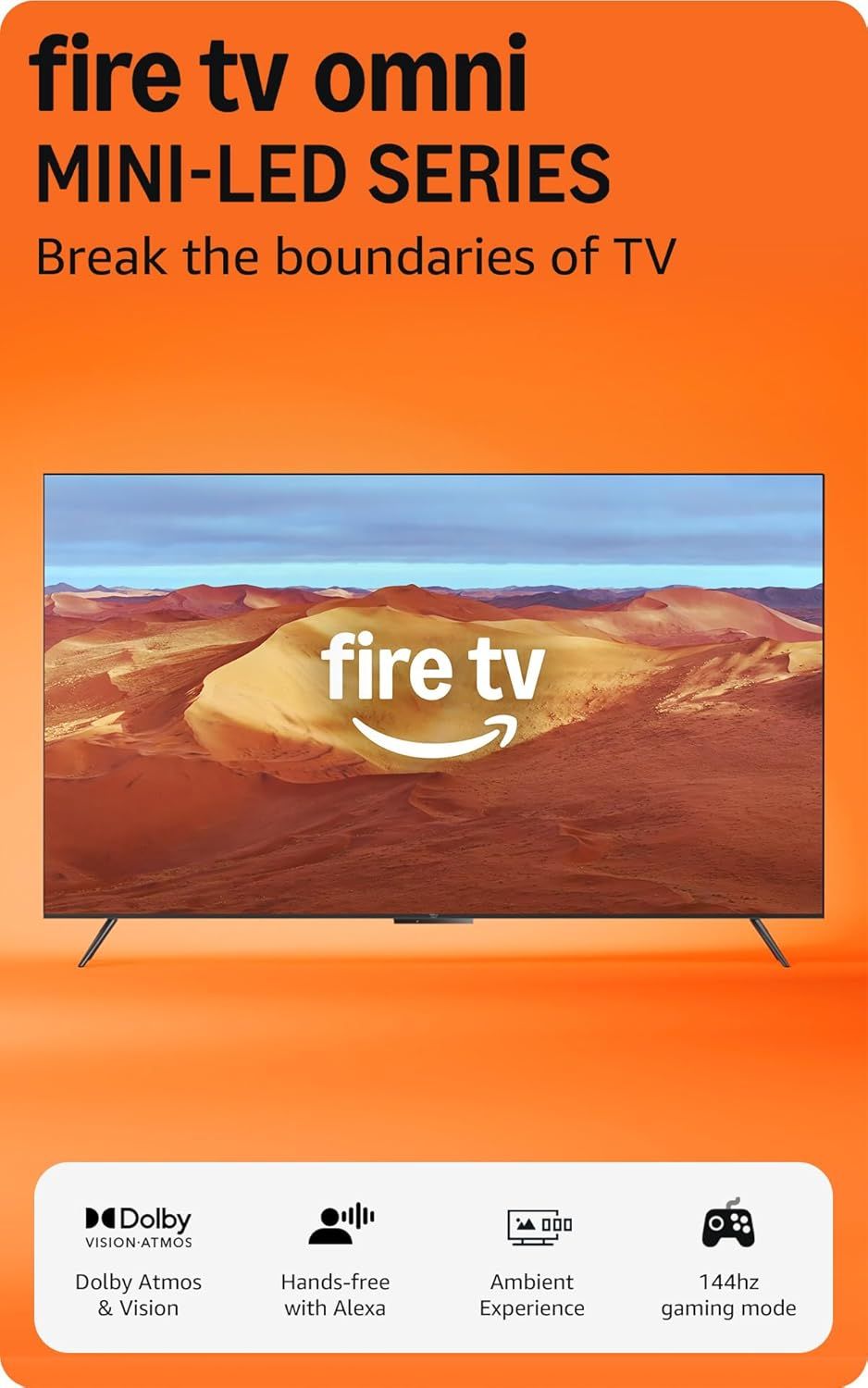 Showcases the Fire TV Omni Mini-LED Series television as the core product with key features highlighted at the bottom to communicate its premium capabilities…