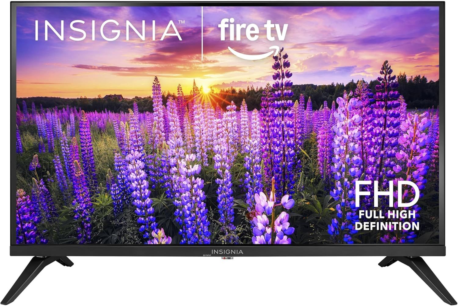 Shows the Insignia Fire TV television as the core product with a vibrant display showcasing its Full High Definition screen quality and Fire TV smart platform integration. Displays key branding…
