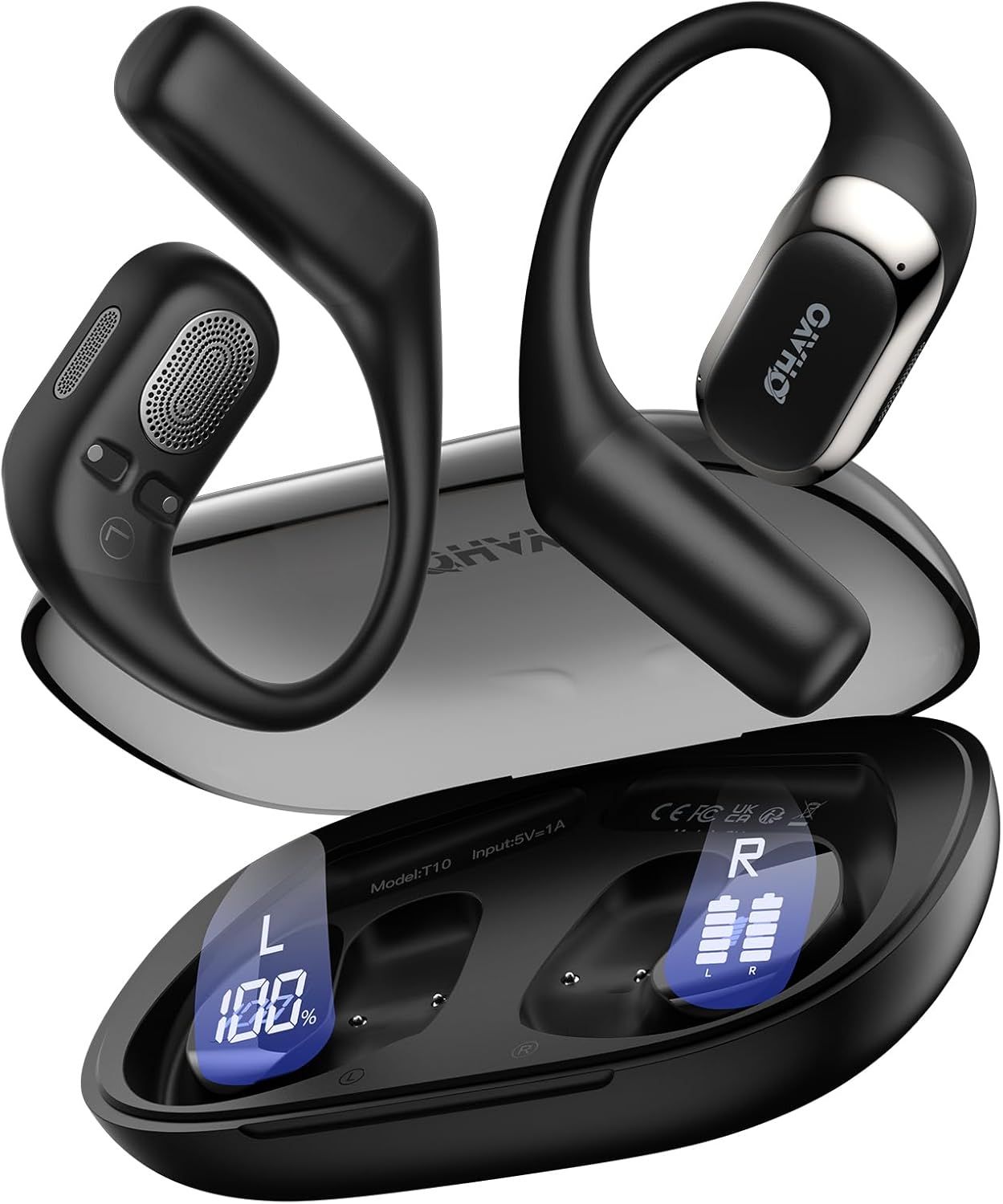 Shows the core product - wireless earbuds with secure ear hook design and their charging case with battery level display - to communicate what the shopper will receive. Uses subtle drop shadows and…