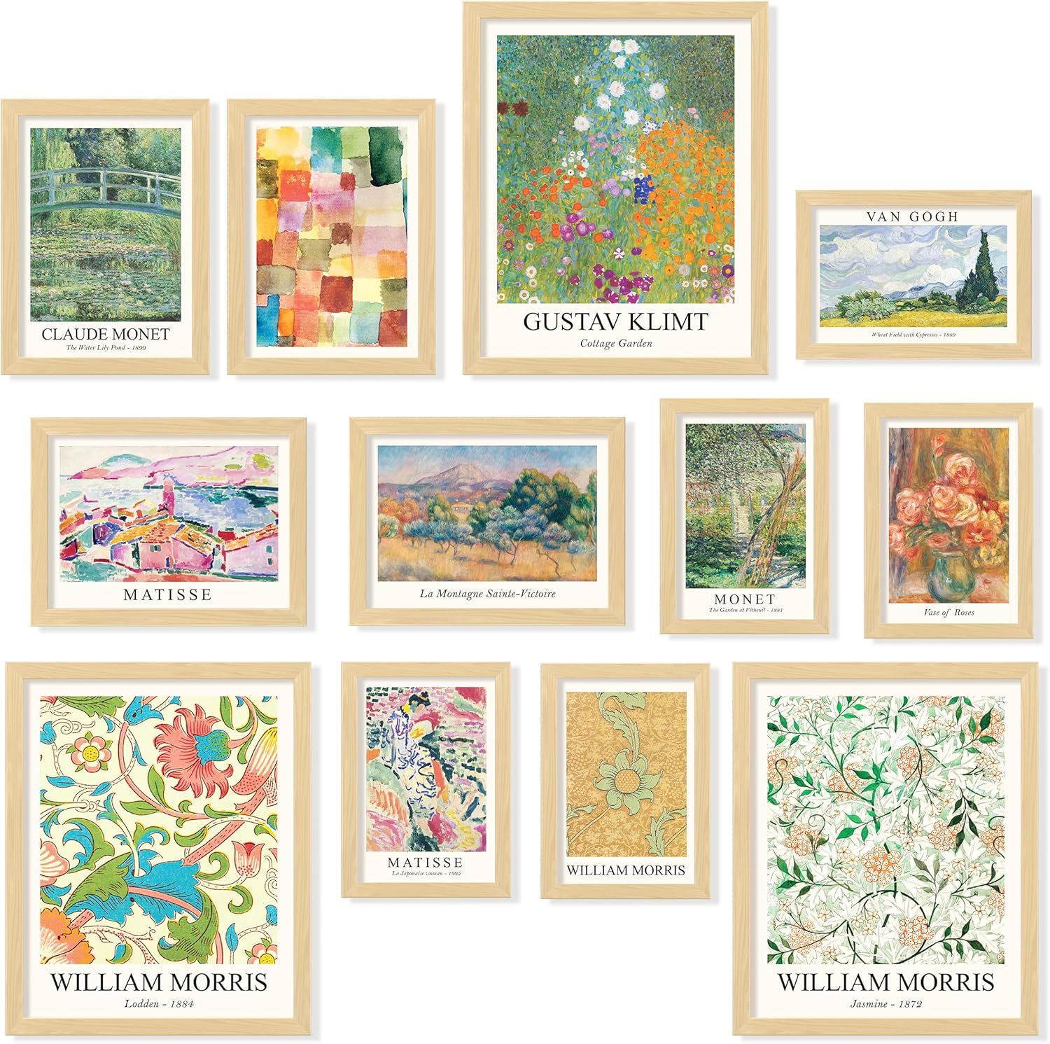 Displays the core sellable product—a collection of framed art prints featuring famous artworks by Monet, Van Gogh, Klimt, Matisse, and William Morris—allowing…