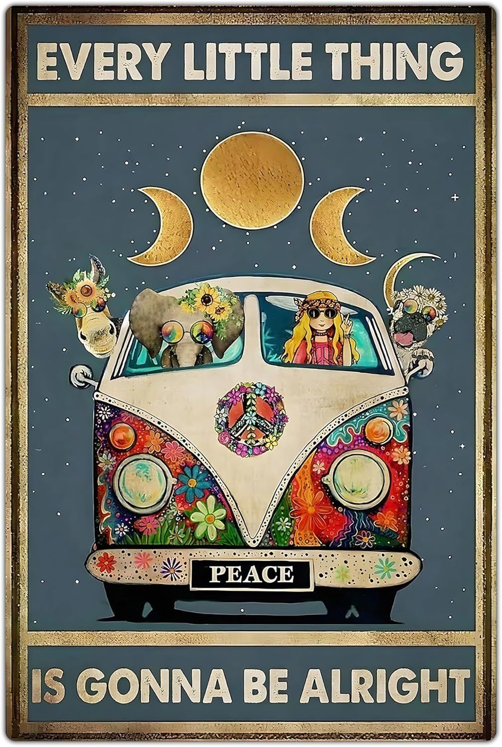 Displays the framed poster as the core product with its complete design, including the hippie van, moon phases, and motivational text to show shoppers exactly…