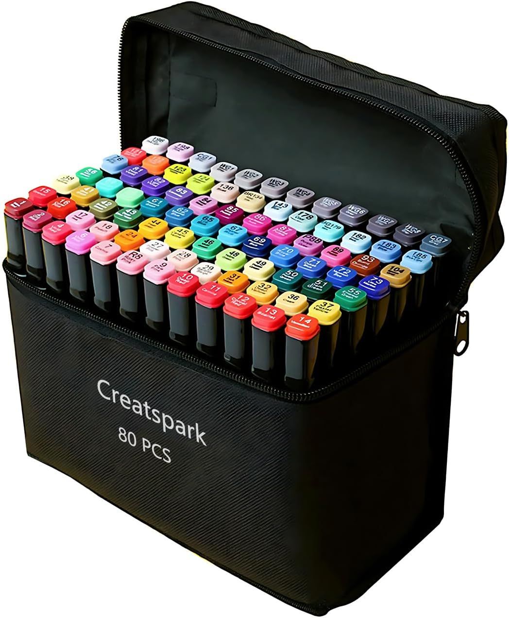 Shows the complete marker set with its full color range and included carrying case to communicate the product's completeness and organization. Displays the branded Creatspark carrying case that…