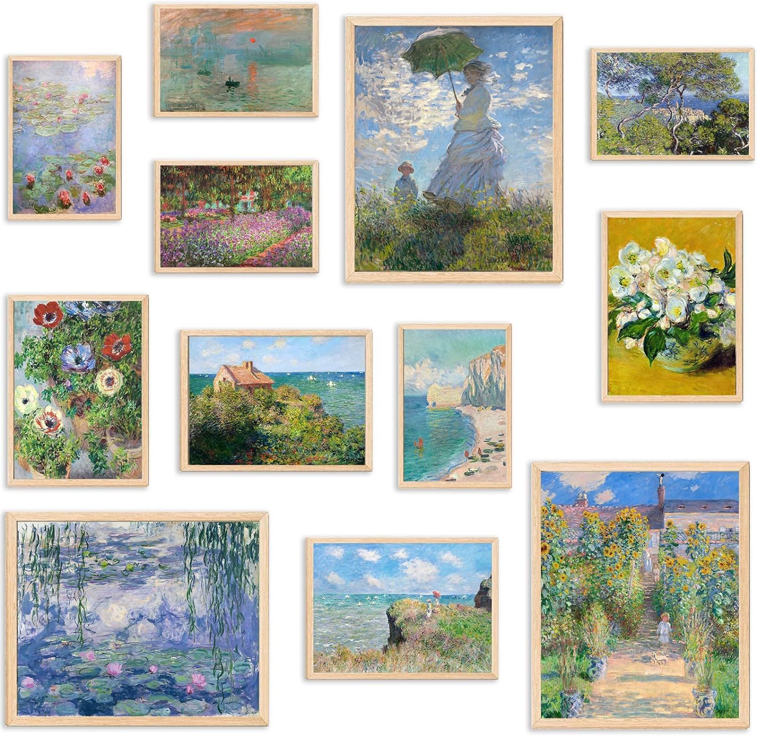 Displays a gallery of different famous impressionist painting reproductions available for selection, showing shoppers the variety of artwork options they can choose from.