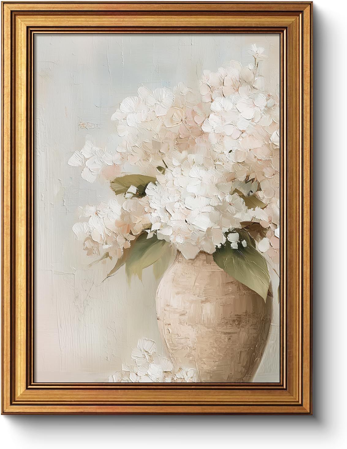 Displays the core sellable product, a framed canvas painting of white hydrangeas in a vase, showing the complete artwork including the decorative gold frame to help shoppers understand exactly what…