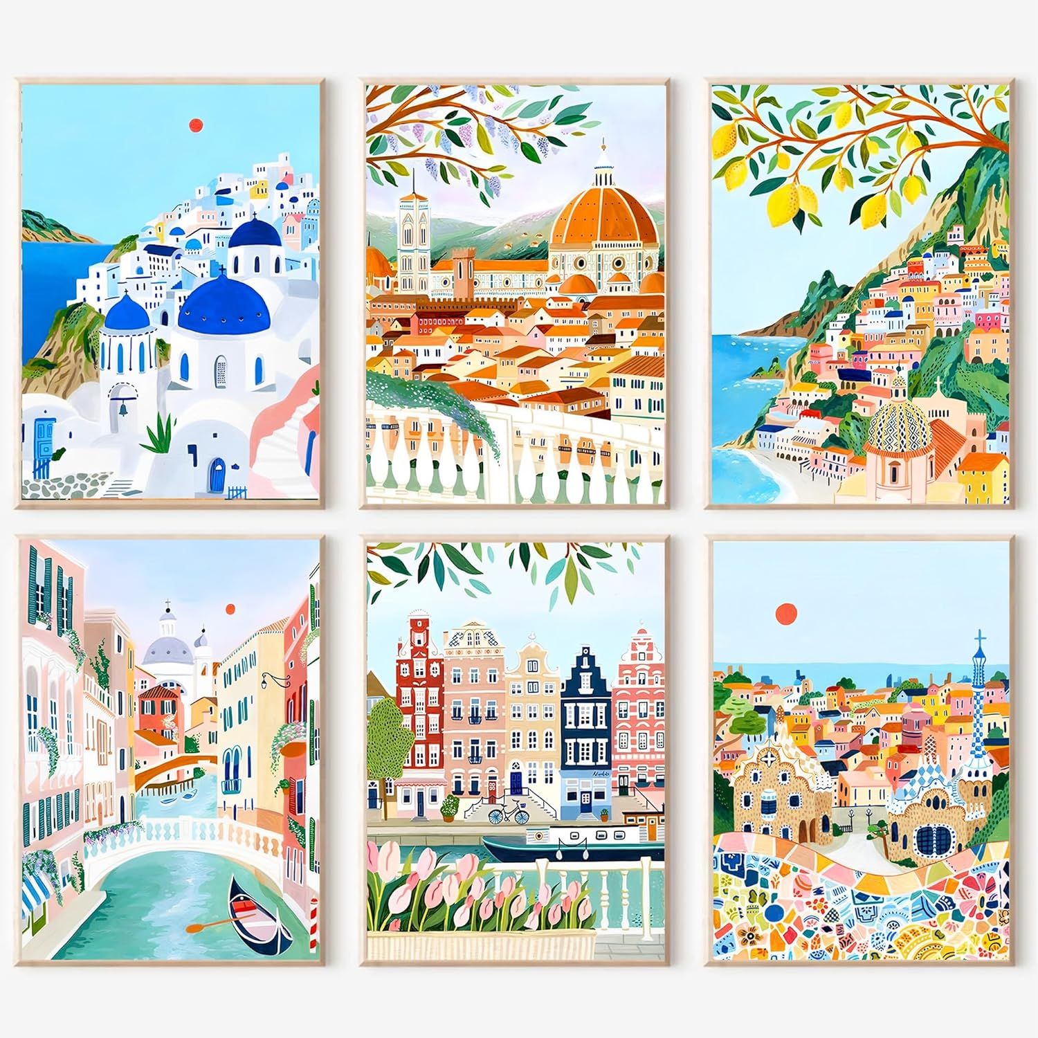Shows the complete set of six decorative art prints featuring colorful European travel destinations, allowing shoppers to see the full collection and how the pieces coordinate together as a cohesive…