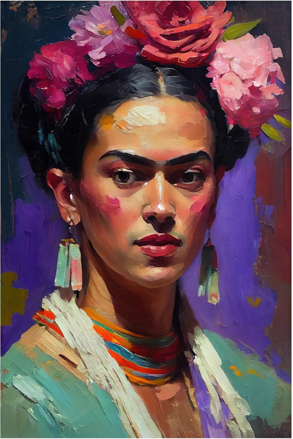 Displays the core sellable product, which is a colorful portrait painting featuring bold brushwork and vibrant floral elements, allowing shoppers to see the…