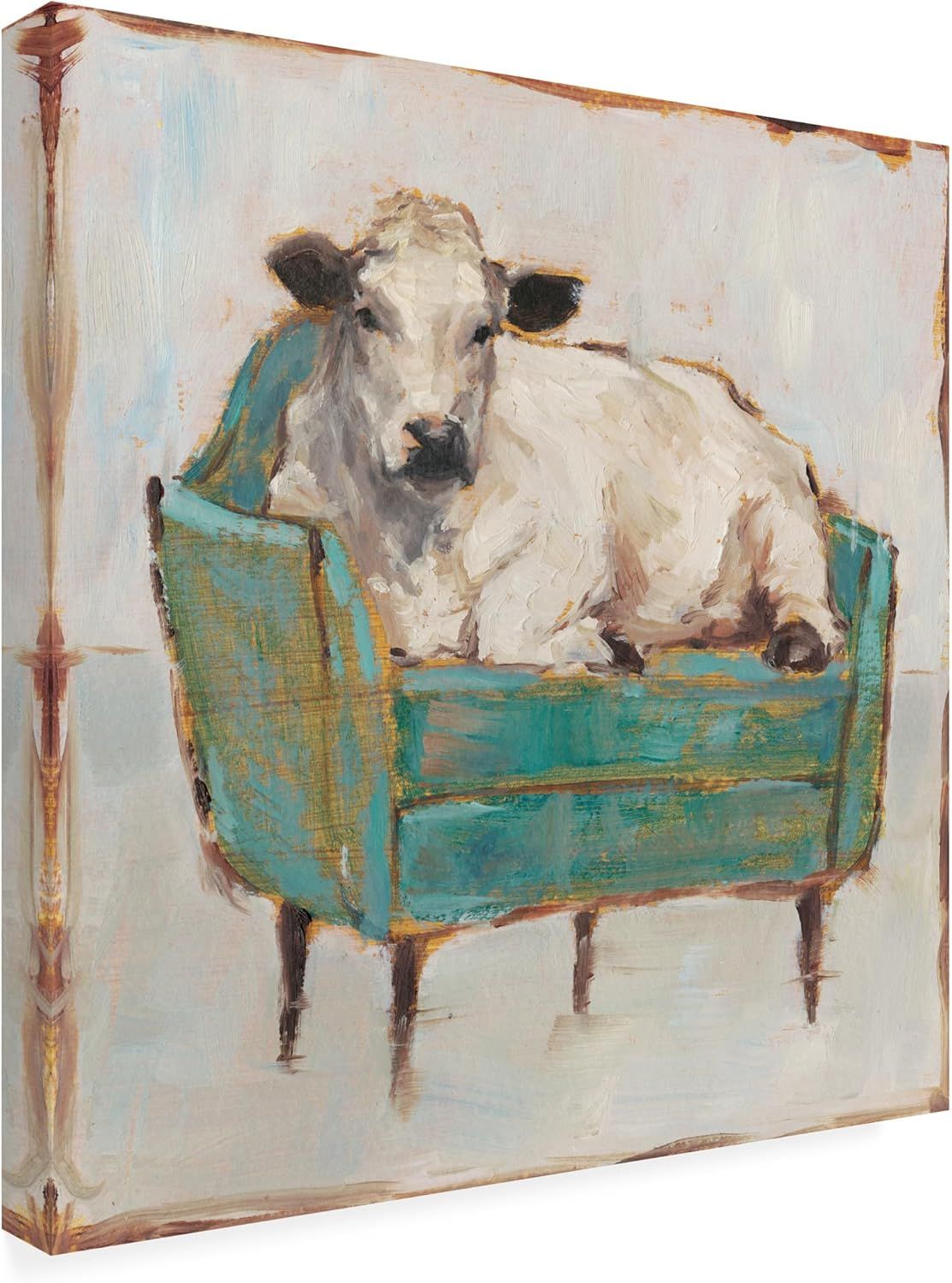 This appears to be a decorative canvas art print featuring a whimsical painting of a cow sitting in a chair, intended as home decor rather than a traditional…