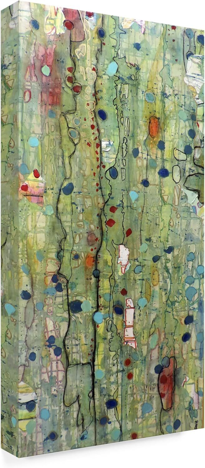 Displays the core sellable product, an abstract canvas wall art piece with colorful dots and lines on a green background, allowing shoppers to see the…