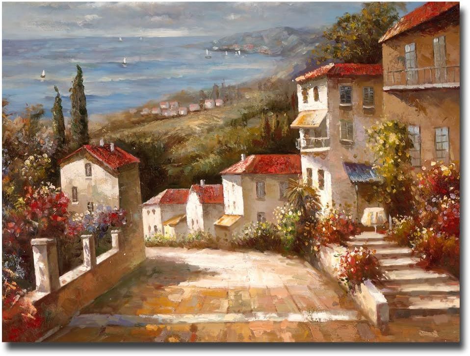 Displays the core product, a decorative canvas painting of a Mediterranean coastal village scene, allowing shoppers to see the artwork's style, colors, and…