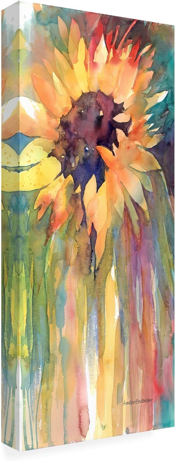Displays the core sellable product, a watercolor sunflower canvas print, showing the artwork's vibrant colors and artistic style to help shoppers visualize…