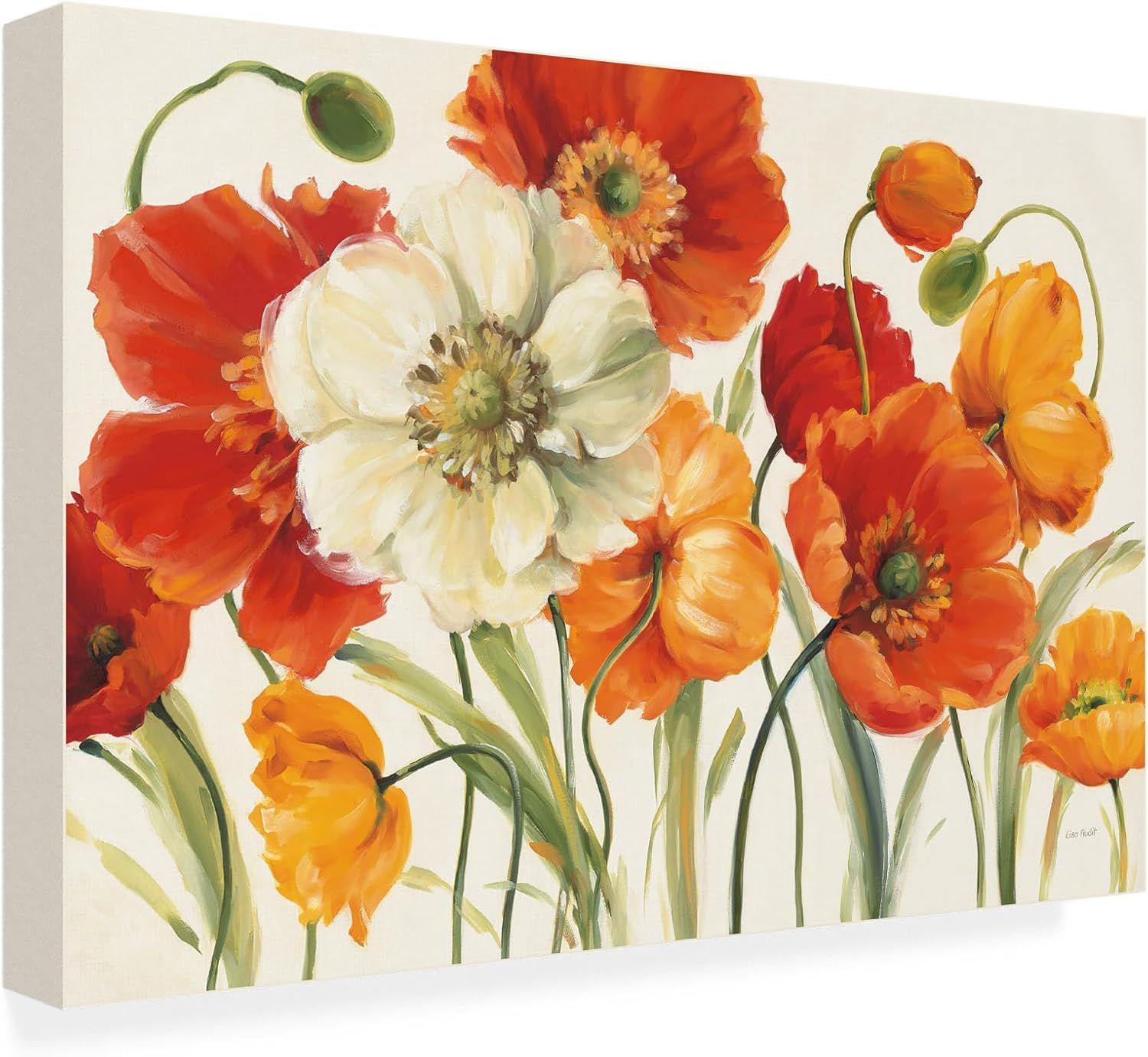 Shows the core sellable product, a canvas wall art print featuring vibrant poppy flowers, displayed at an angle to reveal the gallery-wrapped edges and give…