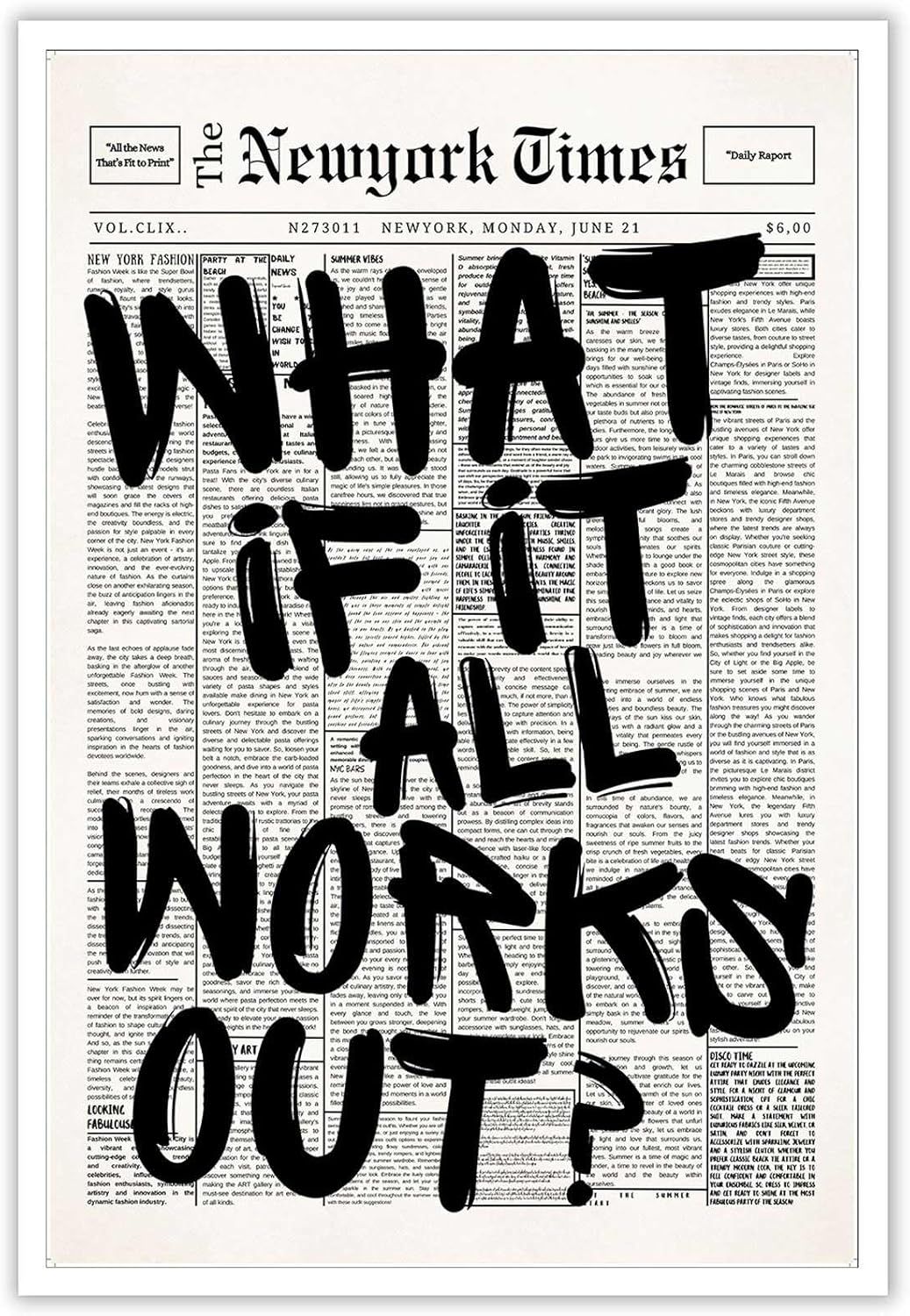 Displays the core product, which appears to be a decorative art print featuring bold text overlaid on a newspaper background, showing shoppers exactly what…