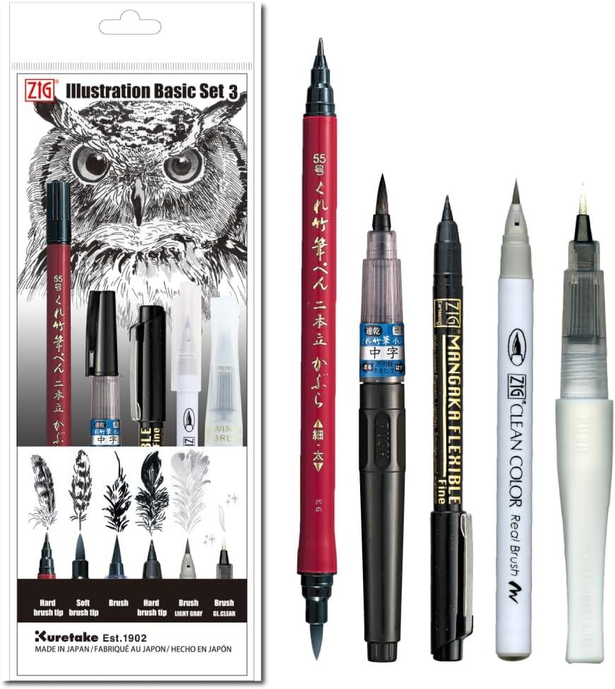 Shows the complete set of illustration pens with different brush and nib types to communicate the variety and versatility of the product for artists and illustrators. Displays the retail packaging…