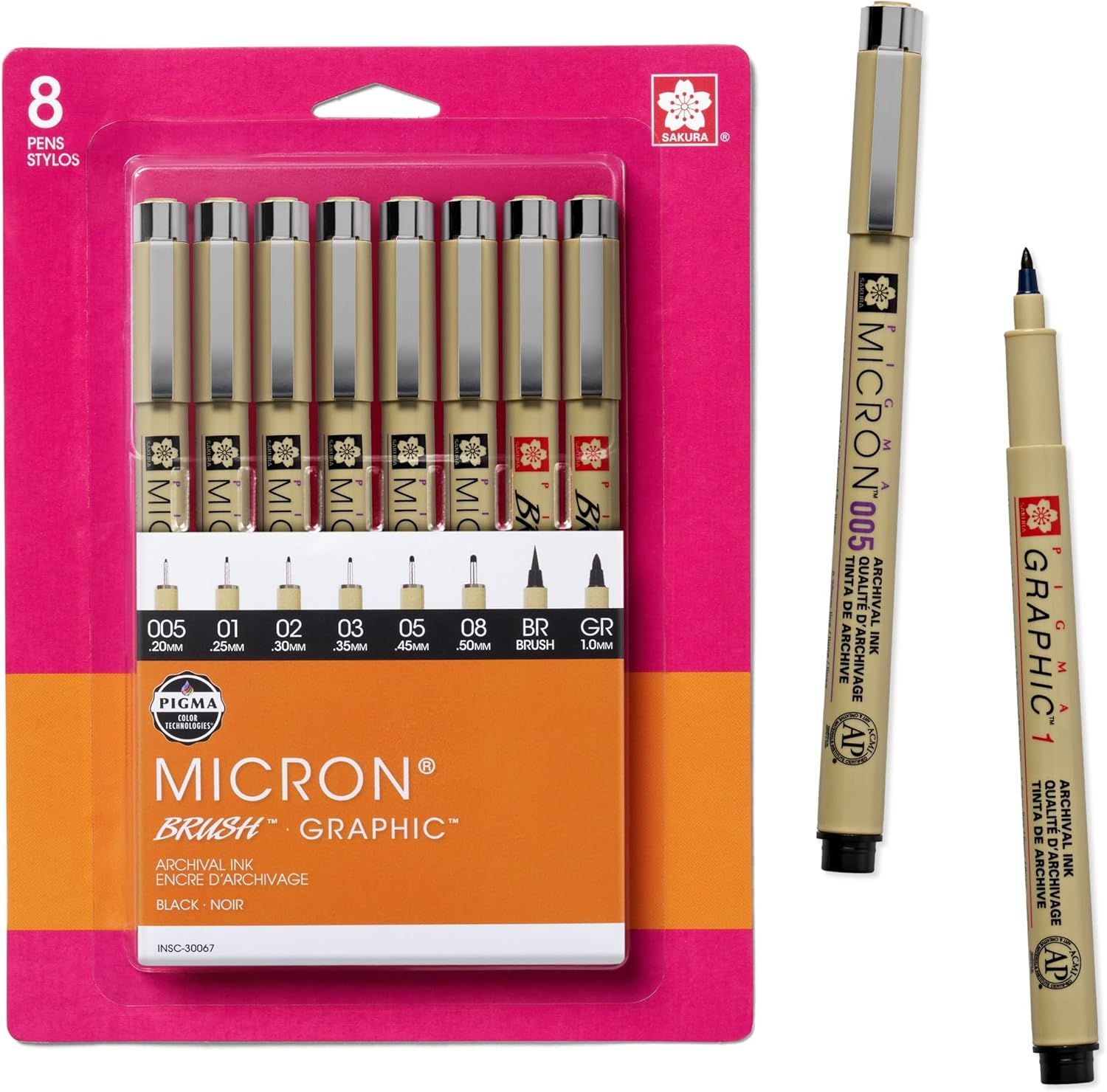 Shows the complete set of 8 Micron pens in retail packaging alongside individual pens to communicate the variety of tip sizes and brush options included, helping shoppers understand exactly what…