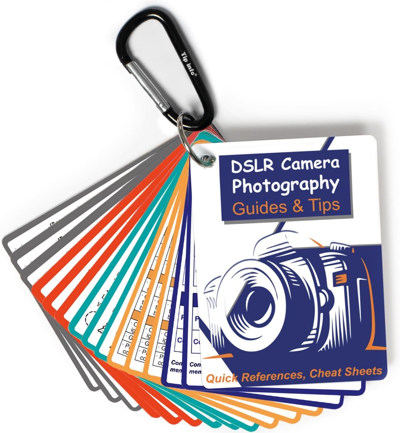 Shows the complete product - a set of colorful photography reference cards attached to a carabiner clip, allowing shoppers to see exactly what they will receive. Demonstrates that the product…