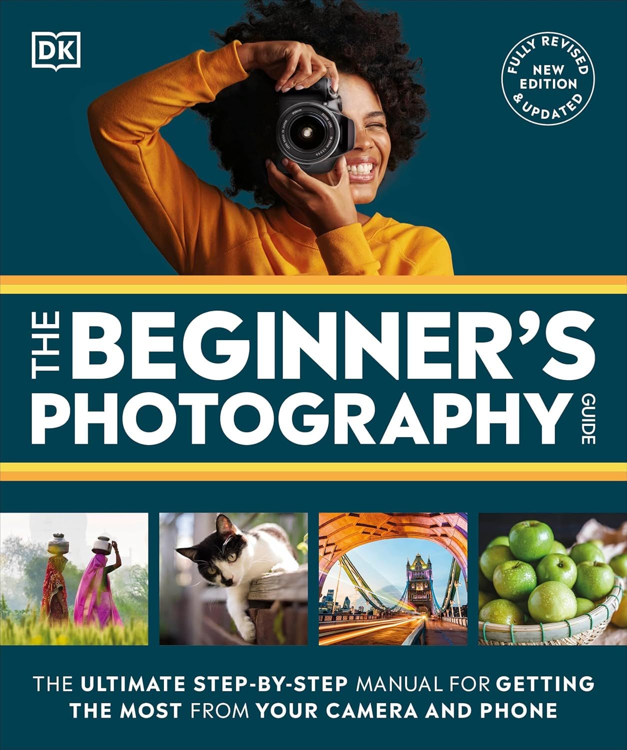 Shows a person actively using the camera to demonstrate how the product works and provide scale context, making the photography guide feel approachable and relatable to beginners. Presents the book…