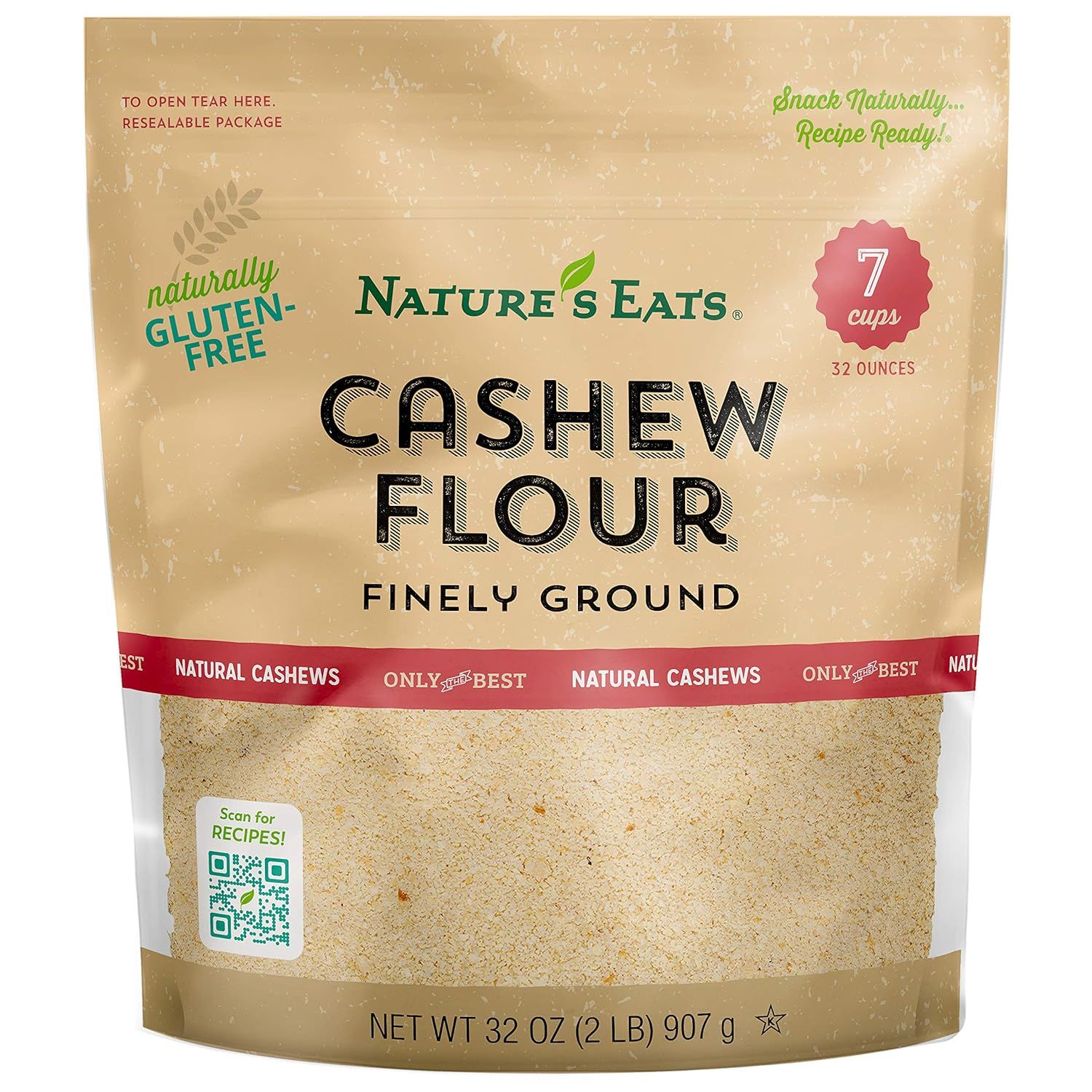 Displays the core product—a resealable pouch of cashew flour—clearly showing the brand, product name, quantity, and key attributes like gluten-free and…