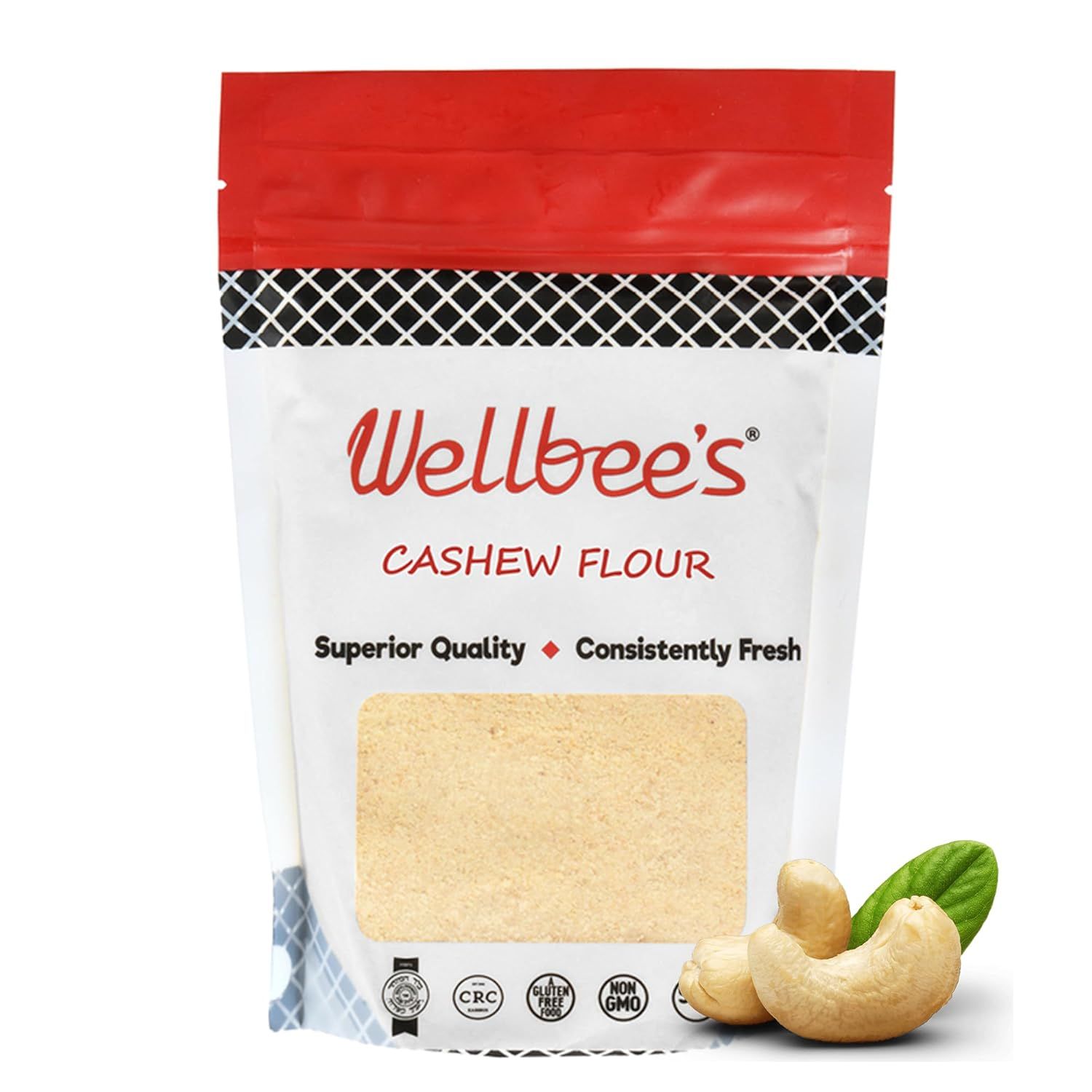 Displays the core product in its retail packaging with a clear window showing the cashew flour inside, communicating the product identity and quality to…