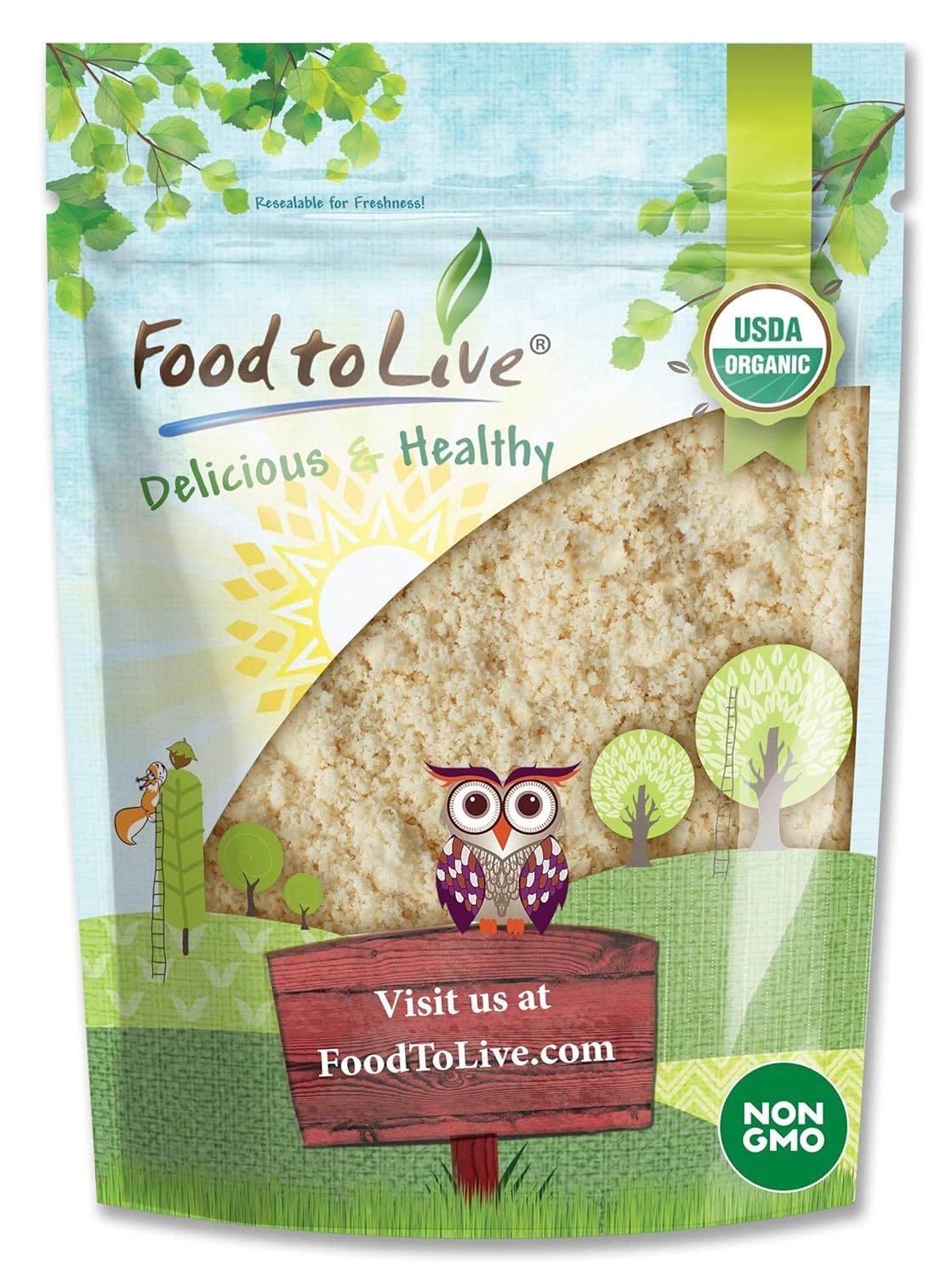 Shows the core sellable product (organic grain/flour) clearly visible through the package window, allowing shoppers to see the actual product they are…