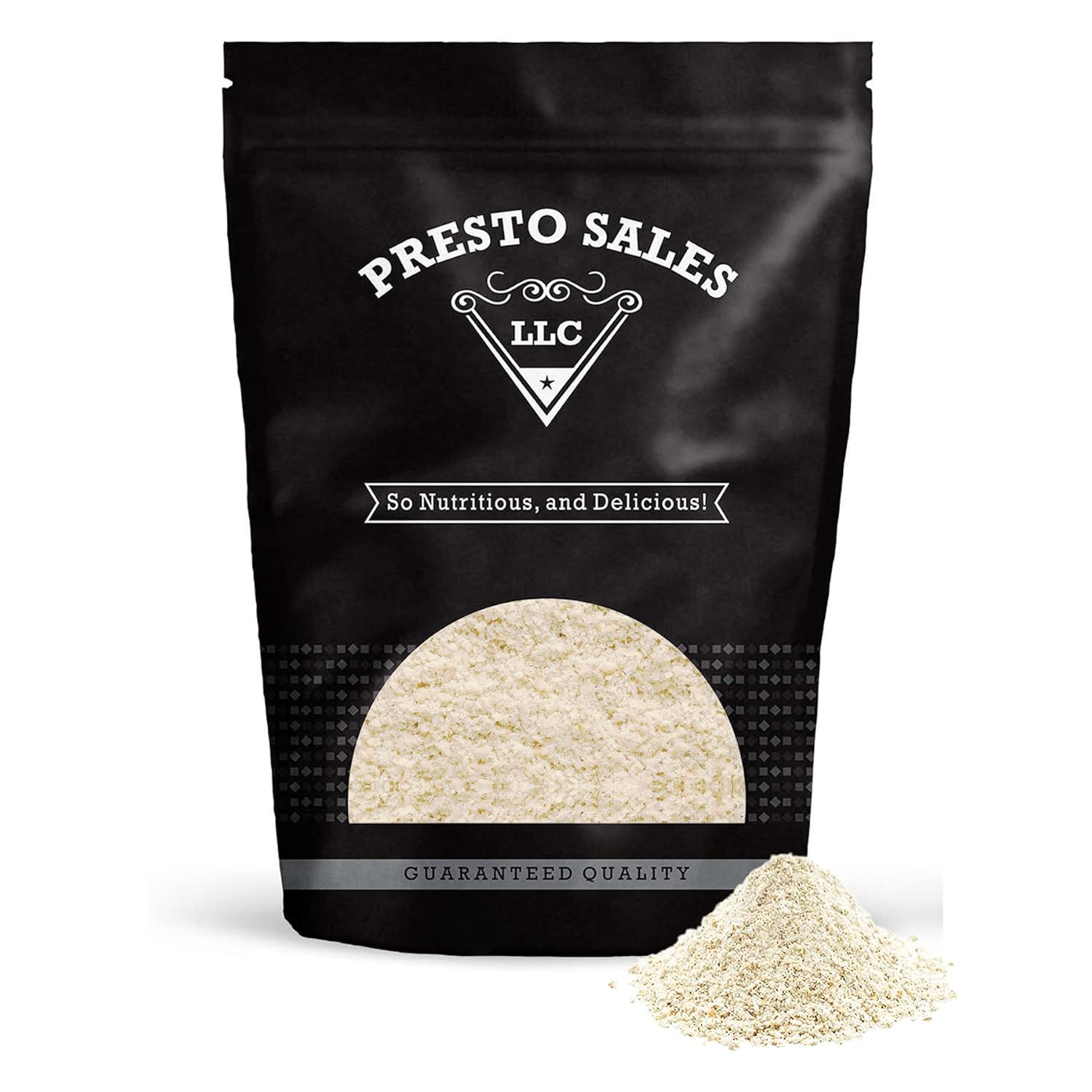 Shows the core sellable product—a resealable pouch of powder/flour—with clear branding and a window to view the product contents, reassuring shoppers of…