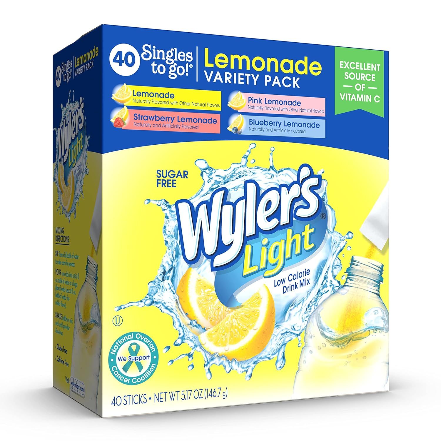 Displays the core product packaging to show shoppers exactly what they will receive—a 40-count variety pack of Wyler's Light lemonade drink mix singles in…
