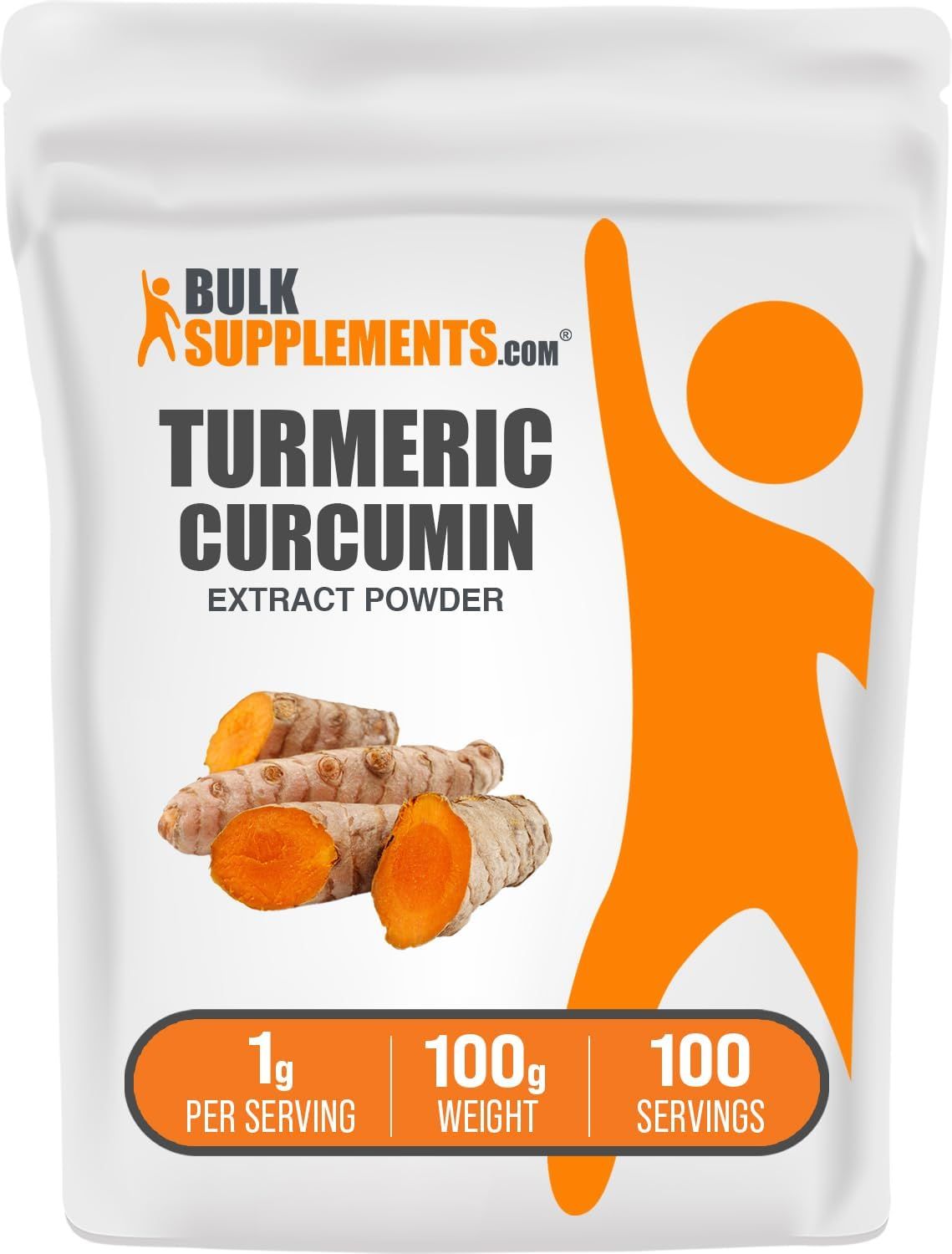 Displays the core sellable product, a turmeric curcumin extract powder in retail packaging, clearly showing the brand, product name, and key serving…