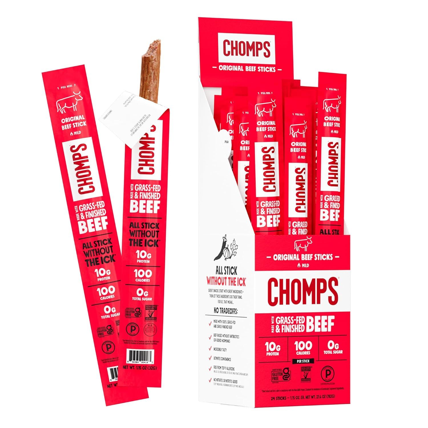 Chomps Grass-Fed and Finished Original Beef Jerky Snack Sticks 24-Pack