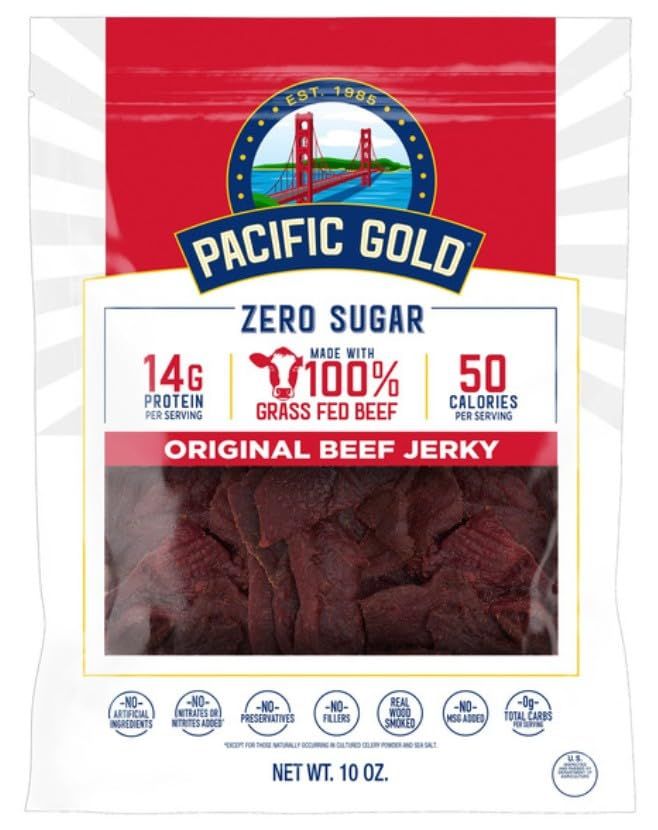 Displays the core product packaging with clear visibility of the beef jerky inside and key nutritional benefits (zero sugar, high protein, grass-fed beef, low…